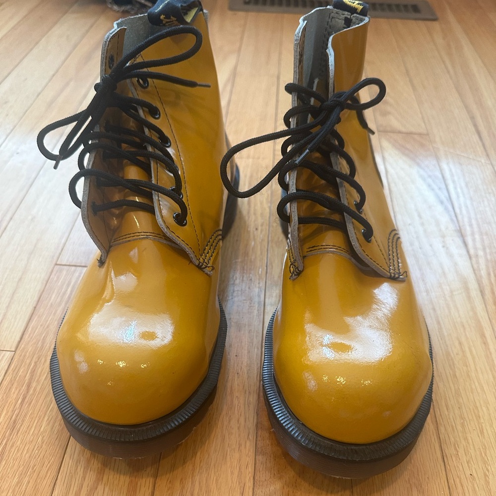 Dr. Martens RARE Vintage Patent Leather YELLOW Steel Toe Boots - Made in England